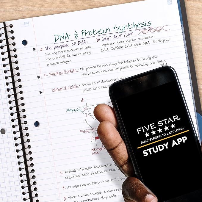 Five Star Advance Spiral Notebook + Study App, 1 Subject, College Ruled Paper, 8-1/2" x 11", 100 Sheets, Spiral Guard, Movable Tabbed Dividers, Black (820012A-ECM)