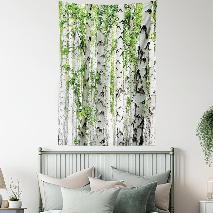 Ambesonne Woodland Tapestry Queen Size, Birch Trees in The Forest Summertime Wildlife Nature Outdoors Themed Picture, Wall Hanging Bedspread Bed Cover Wall Decor, Queen Size, White Green
