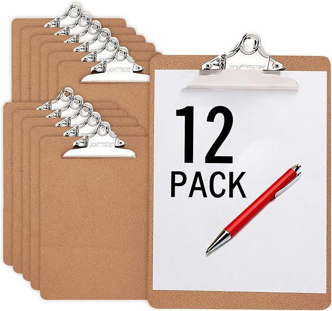 12 Clipboards, Standard A4 Letter Size Clipboard with 6" Metal Clip, 9" x 12.5", Fits 8.5x11 Inch Paper, Hardboard, Bulk Pack, Ideal for Schools and Office