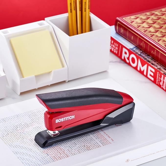 Bostitch Office Executive 3 in 1 Stapler, Includes 210 Staples and Integrated Staple Remover, One Finger Stapling, No Effort, 20 Sheet Capacity, Spring Powered Stapler, Red