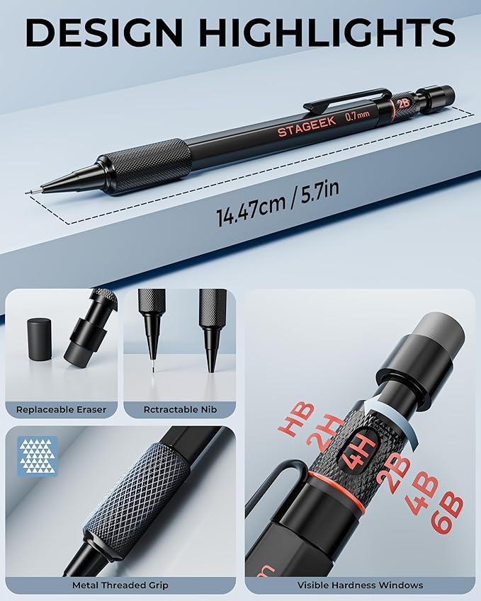 0.9mm Mechanical Pencil Set, 3PCS Metal Mechanical Pencils 0.9mm with 6 Tubes HB & 2B Lead Refills,Erasers, Weatherproof Artist Pencils with Case for Outdoor Writing Drafting Drawing