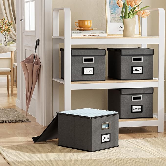 Huolewa File Organizer Boxes with Lids, Linen Office Document Storage Boxes, Filing Boxes, Decorative Small File Boxes for Hanging Files with Plastic Slide for Office/Cabinet/Decor/Home