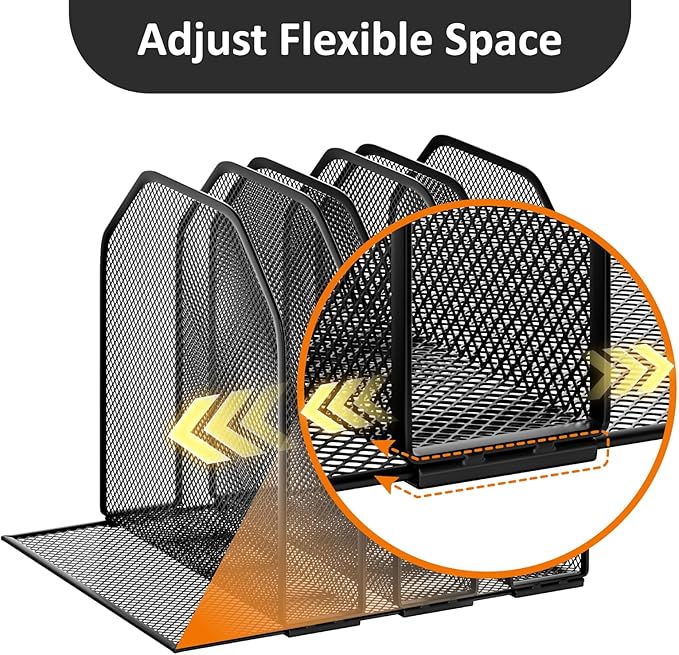 Desk File Organizer, Adjustable 5 Sections Upright Desktop Organizer File Sorter, Sturdy Metal Mesh Vertical Bookshelf File Holder Workspace Accessories for Home,School,Office Classroom,Black