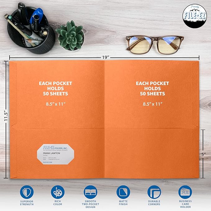 FILE-EZ Two-Pocket Folders, Orange, 125-Pack, Textured Paper, Letter Size (EZ-32465)