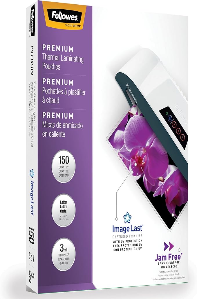 Fellowes Thermal Laminating Pouches, ImageLast, Jam Free, Letter Size, 3 Mil, 150 Pack (5200509), Clear