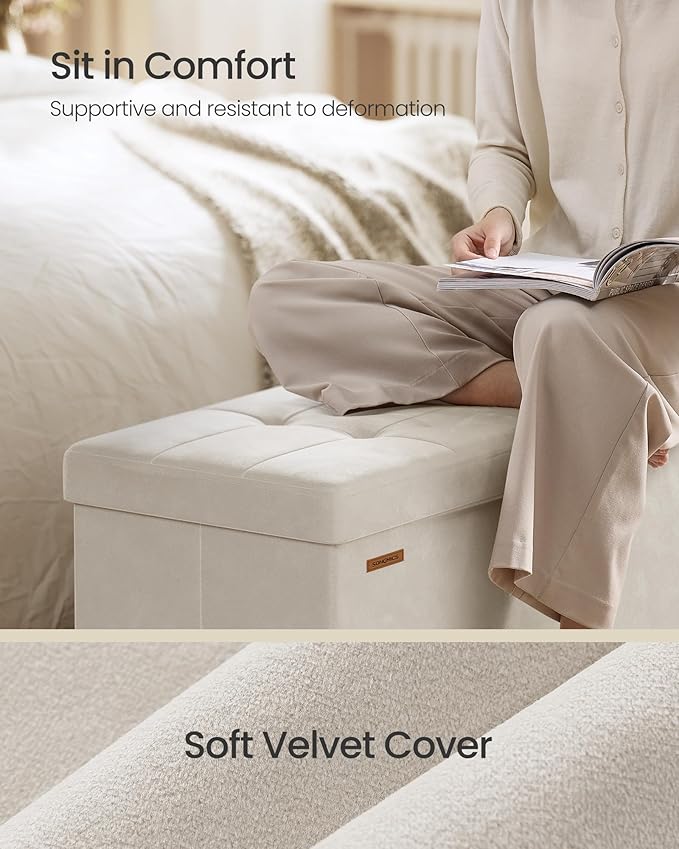 SONGMICS Storage Ottoman Bench, Folding Storage Chest, 15 x 43.3 x 15.7 Inches, Foot Rest Stool, 30 Gal. (112 L), Velvet Surface, for Bedroom, Entryway, Living Room, Cappuccino Beige ULSF0518W02