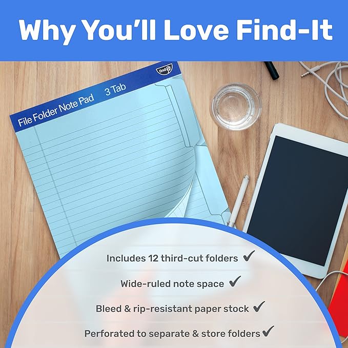 Find It File Folder Notepad - Pack of 12-9.5 x 12.5 Inch Notebook Organizer Folders for Filing, Document, and Clipboard Organization - Blue