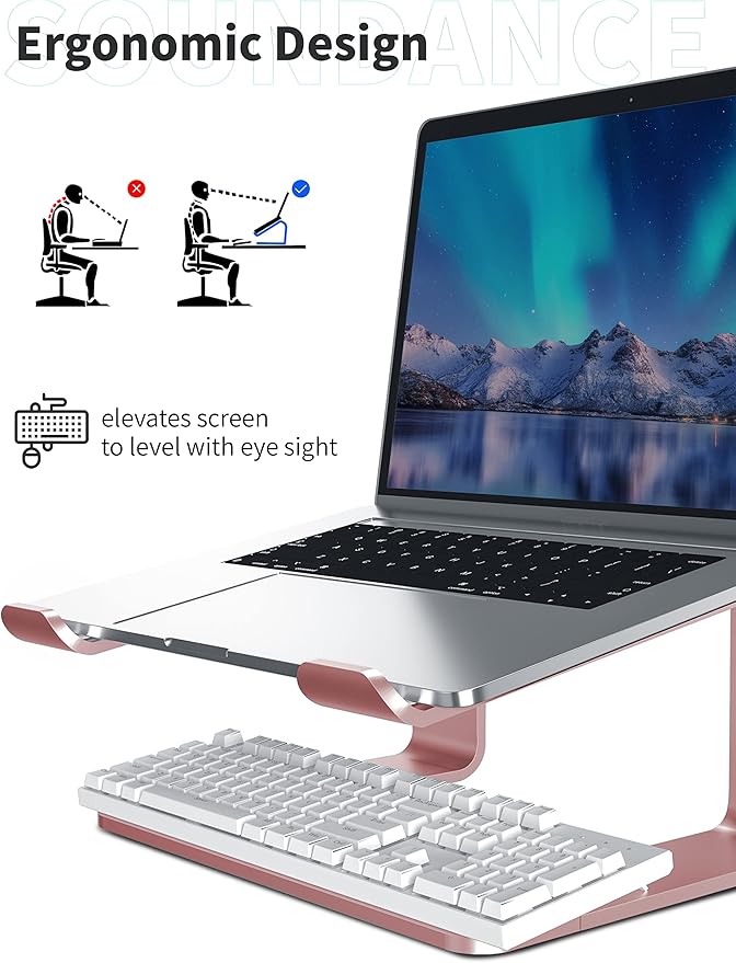 SOUNDANCE Laptop Stand, Aluminum Computer Riser, Ergonomic Laptops Elevator for Desk, Metal Holder Compatible with 10 to 15.6 Inches Notebook Computer, Gold Pink