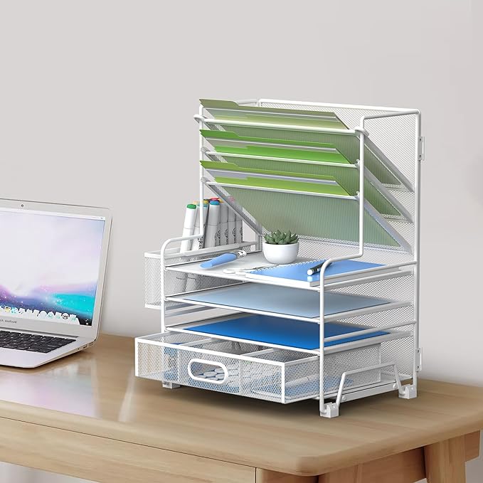 4-Tier Paper Organizer + 3-Pocket File Holder + Drawer + Pen Holders, Desktop File Organizers Paper Tray for Office Supplies School Classroom Organization (White, with Drawer & Pen Holder)