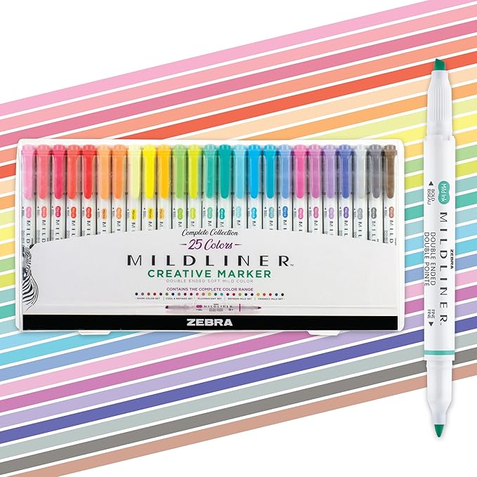 Zebra Pen Mildliner Dual-Tip Highlighter Marker Set, Broad and Fine Point Tips, No Bleed, Ideal for Bible Highlighting, Journaling, School and Office Supplies, Assorted Ink Colors, 25-Pack (78525)