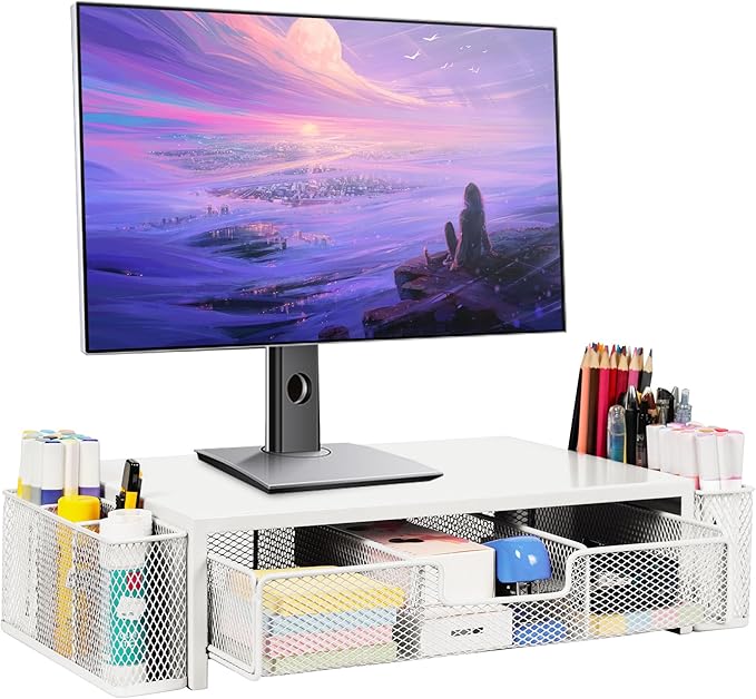 Computer Monitor Stand Riser with Drawer and Pen Holders, Desk Organizer Shelf and Accessories, Office Desk Accessories, Office Organization, White
