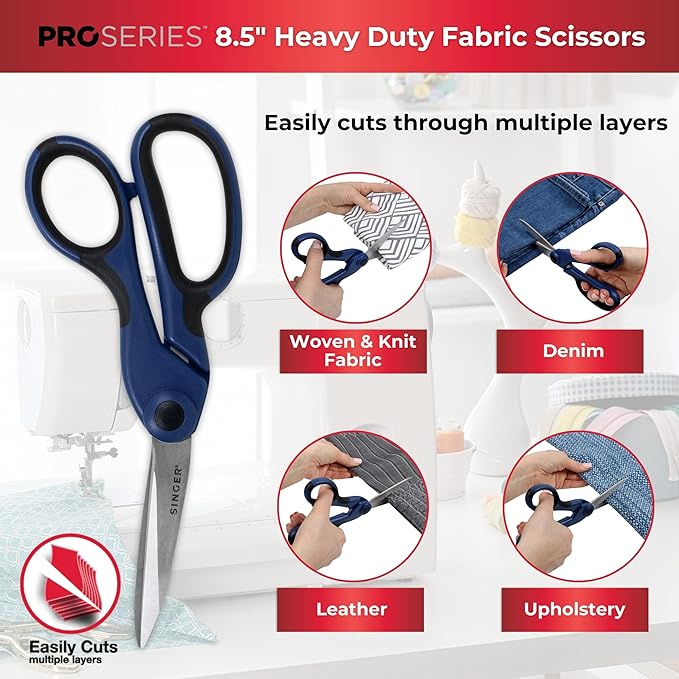 SINGER ProSeries Sewing Scissors Bundle: 8.5" Heavy Duty Fabric, 4.5" Detail Embroidery, 5" Thread Snips With Comfort Grip (Dark Blue)