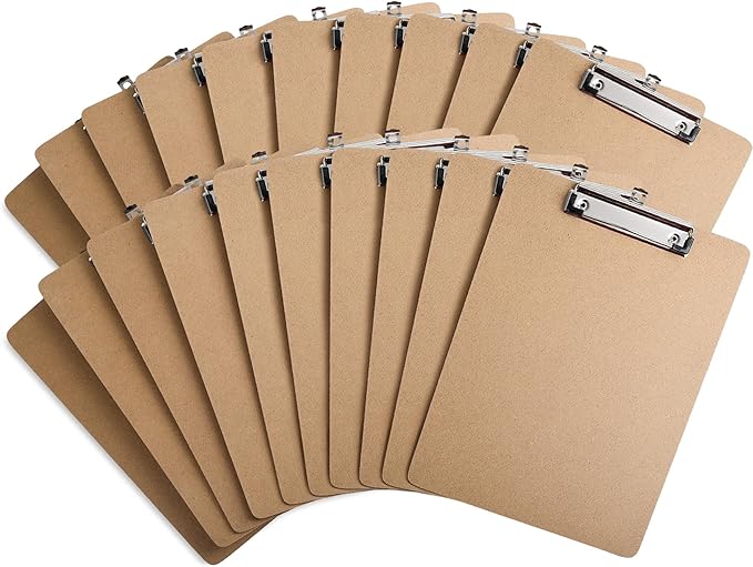 Clipboards 20 Pack Letter Size 9" x 12.5" Clipboards Bulk, Wooden Hardboard A4 Clip Boards Pack for 8.5" x 11" Paper with Low Profile Clip, Hanging Loop for Office Home Classroom