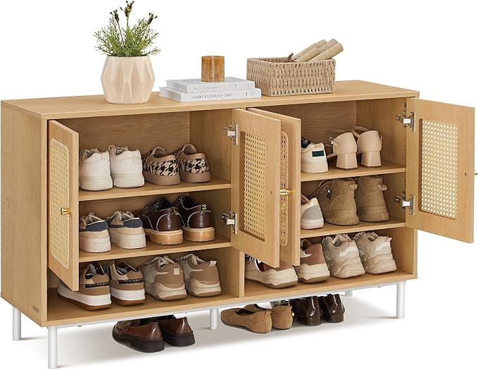 VASAGLE Natural Rattan 3-Tier Shoe Cabinet, 24 Pair Shoe Storage Cabinet, Boho Style Shoe Organizer with Height-Adjustable Shelves and Steel Legs, for Entryway, Closet, Hallway, Oak Beige ULBC050N01