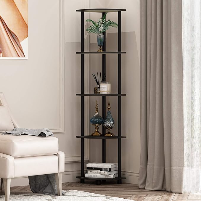 Furinno TURN-N-TUBE Corner Shelf Set of 2, 5-Tier Corner Bookshelf, Open Storage Shelves, for Organization and Storage, Living Room, Home Office, Garage, Espresso