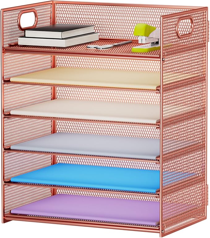 Marbrasse 6 Tier Paper Organizer Letter Tray - Mesh Desk File Organizer with Handle, Paper Sorter Organizer for Letter/A4 Office File Folder Holder - Rose Gold