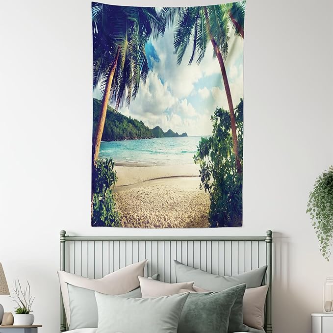 Ambesonne Palm Tree Tapestry, Summer Beach Vintage Style Tropical Sunset Picture Print, Fabric Wall Hanging Decor for Bedroom Living Room Dorm, 30" X 45", Dark Green Sand Brown