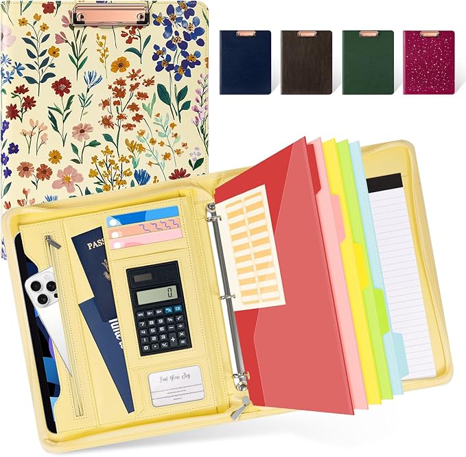 Ospelelf Leather Clipboard Binder with Storage - 3 Ring Zippered Padfolio Portfolio Folder - Calculator, 12.1” Tablet Sleeve, 5 Dividers with Pocket, Refillable Notepad, Card Slot (Floral)