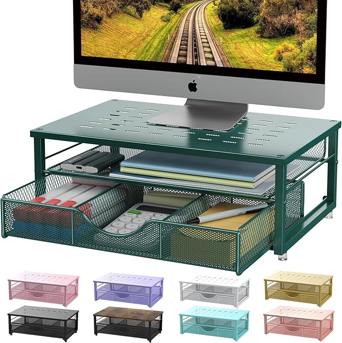 gianotter Computer Monitor Stand Riser, office organizer with Drawer, Office Organizers Storage for Classroom Office Supplies (Dark Green)
