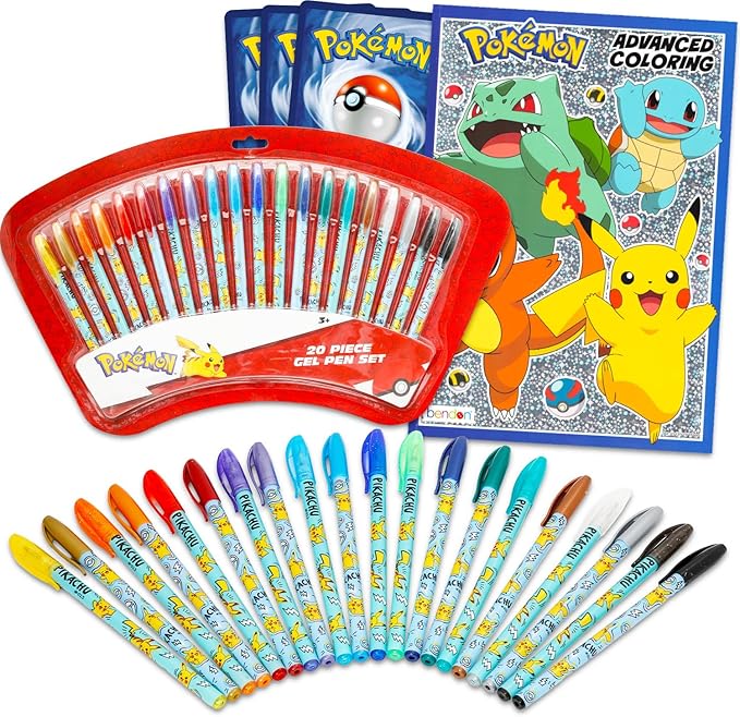 Pokemon Gel Pen Set for Kids - Bundle with 20 Colorful Gel Pens, Plus Coloring Book, More | Pokemon Party Favors and Activity Set for Kids