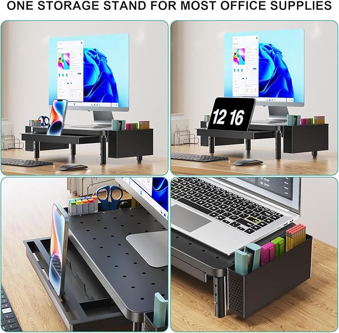 WALI Computer Monitor Stand with Storage, Desk Organizer with Drawer and Pen Holder, Desk Monitor Riser 3 Height Adjustable, Laptop Riser for Computer, Laptop, Printer(PTT003-B), 1 Pack, Black