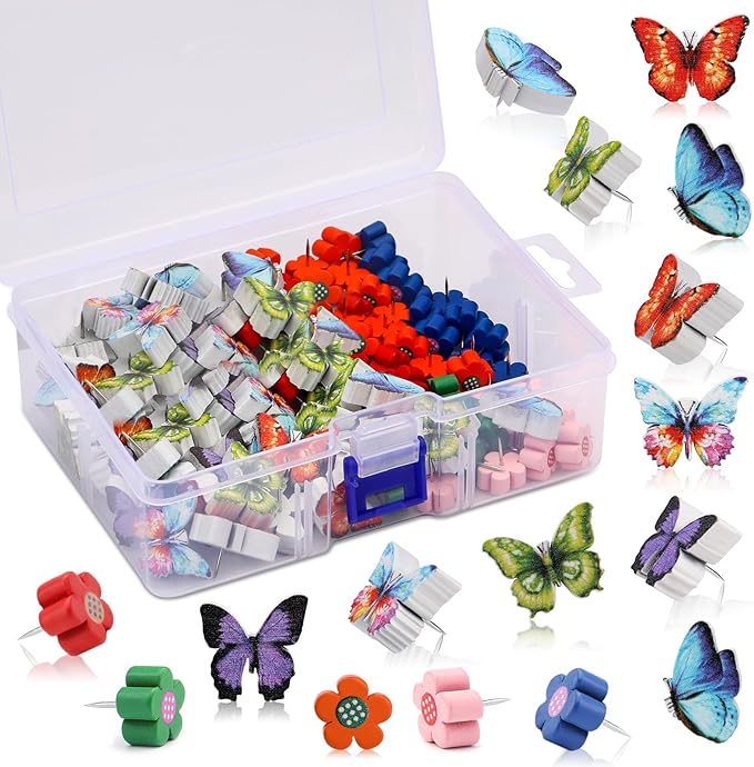 80 Pcs Push Pins for Cork Board, Decorative Thumb Tacks Wooden Push Pins Head Pin Wood Map Tacks Pin, Wood Thumb Tacks for Bulletin Boards Craft Projects with Storage Box-Flower and Butterfly