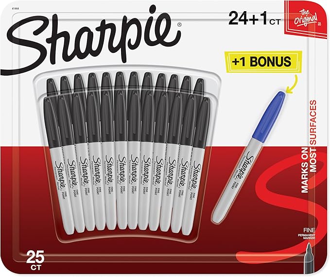 Sharpie Permanent Markers | Fine Point | 24 Black + 1 Blue Marker Pen | 25 Count Marker Set