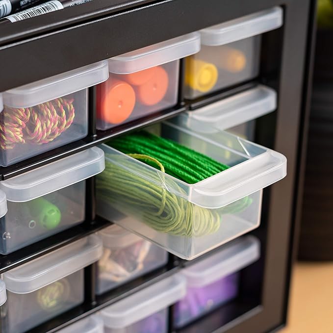 IRIS USA Small Plastic Drawer Organizer, 16-Drawer, Stackable Teacher Toolbox Crayon Small Parts Bead Building Bricks Screw Garage Desk Storage Cabinet, Drink and Water Flavor Packet Organizer, Black