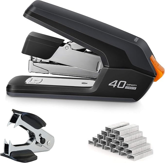 Deli Effortless Desktop Stapler, 40 Sheet Capacity, One Finger Touch Stapling, Easy to Load Ergonomic Heavy Duty Stapler, Includes 1500 Staples and Staple Remover
