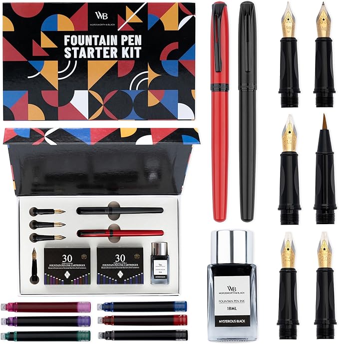Wordsworth and Black Fountain Pen Set - Black - Includes 2 Pens, 18 ML Ink Bottle, 60 Ink Cartridges, A Refill Converter, 1 Medium and 4 Broad Nibs, Brush Pen - Fountain Pen Kit for Beginners