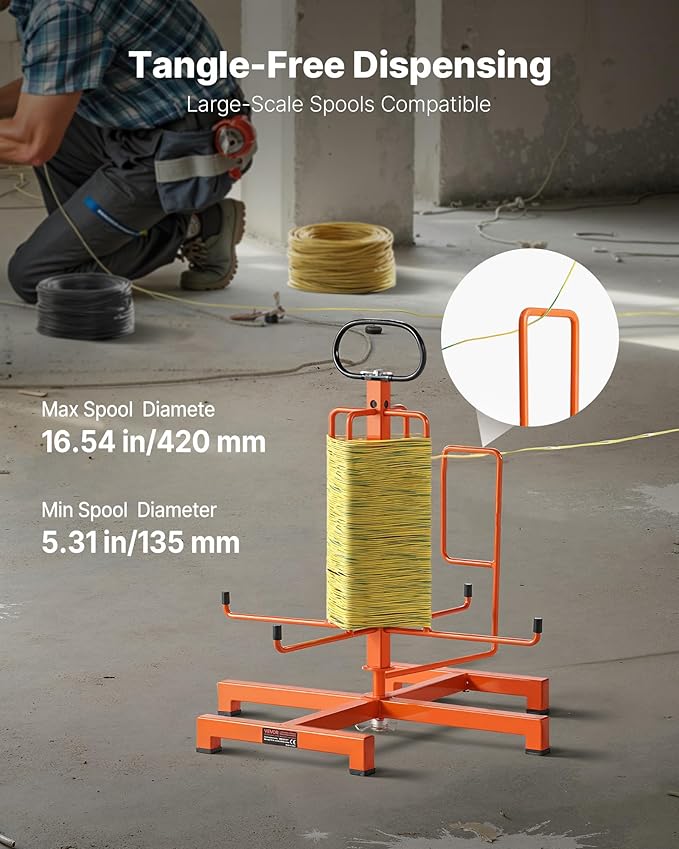 VEVOR Cable Dispenser, Floor or Stud Mounted, Wire Spool Rack, Portable Wire Rack Dispenser with Anti-Slip Metal Handle for Wiring Transport, Swivel Eyelet, for Electrical, Industrial and Retail Use
