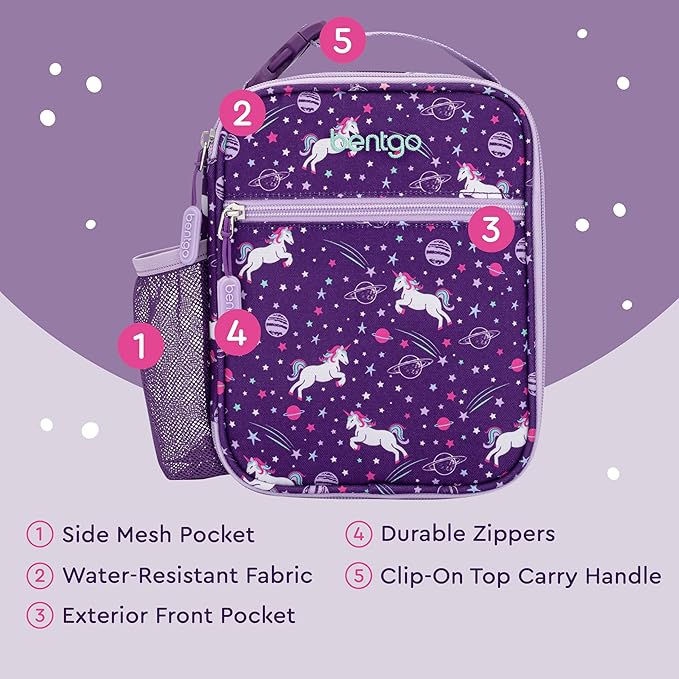 Bentgo Kids Insulated Lunch Tote - Water-Resistant, Reusable, Lightweight & Durable Lunch Bag with Water Bottle Holder & Mesh Pocket, Fits Lunch Box & Water Bottle - Ideal for Ages 3+ (Unicorn)