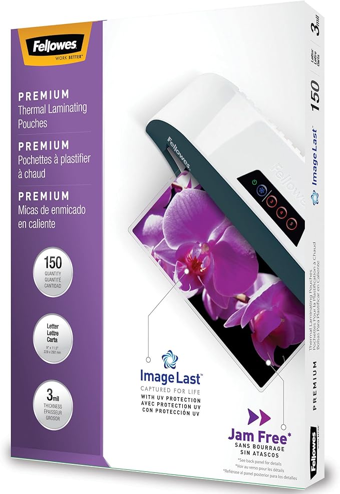 Fellowes Thermal Laminating Pouches, ImageLast, Jam Free, Letter Size, 3 Mil, 150 Pack (5200509), Clear