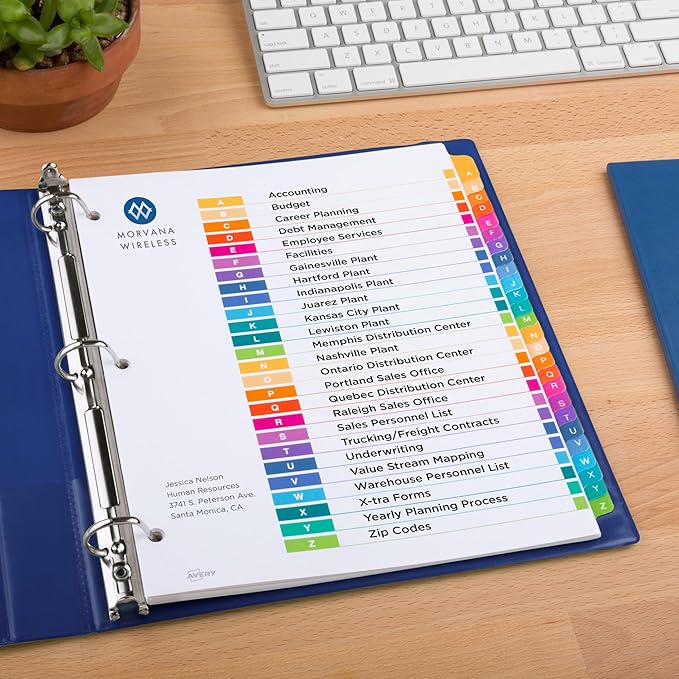 Avery A-Z Dividers for 3 Ring Binders, 26 Tabs per Set, Customizable Table of Contents, Multicolor Tabs, Great for Organizing Reports, Projects, and More (12 Sets of 11125)