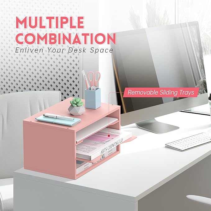 SUPEASY Wood Desk Organizer, 3 Tier Paper File Organizer for Desk, Wooden Desktop Organizer, Paper Letter Literature Mail Sorter, for Office School & Home Organization, Pink