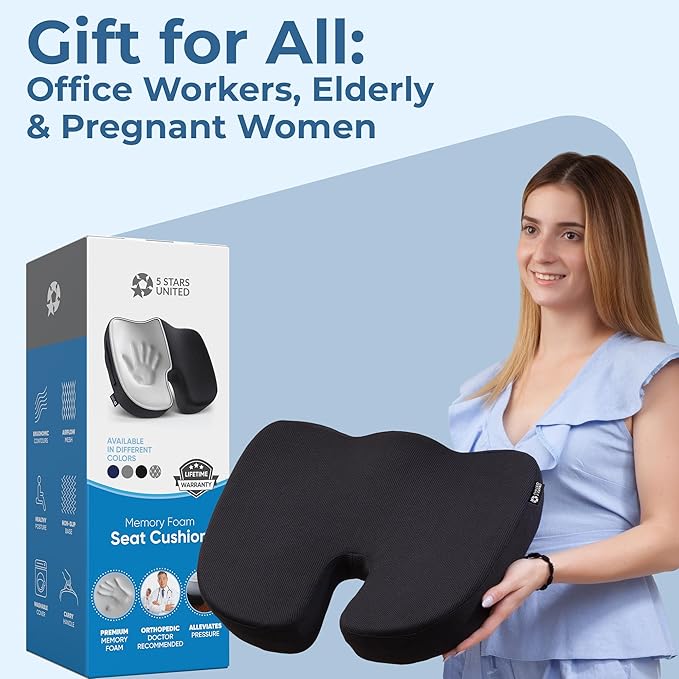 5 STARS UNITED Seat Cushion for Tailbone Pain Relief – Memory Foam Cushion for Coccyx, Hemorrhoid, Sciatica & Post-Surgery Recovery – Wheelchair, Car, Desk, Gaming & Office Chairs, Arctic Black