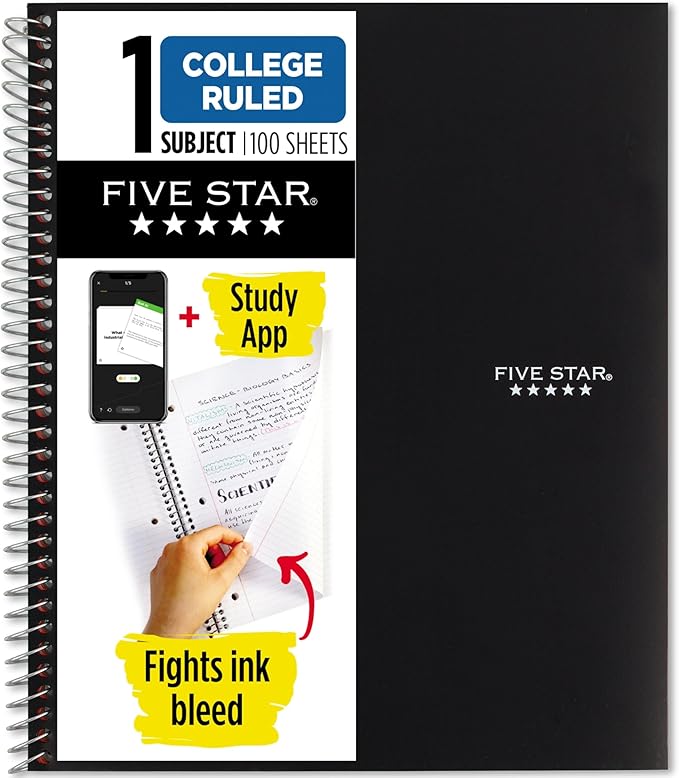 Five Star Spiral Notebook Plus Study App, 1 Subject, College Ruled Paper, 100 Sheets, 8-1/2" x 11", School, Black (72057)