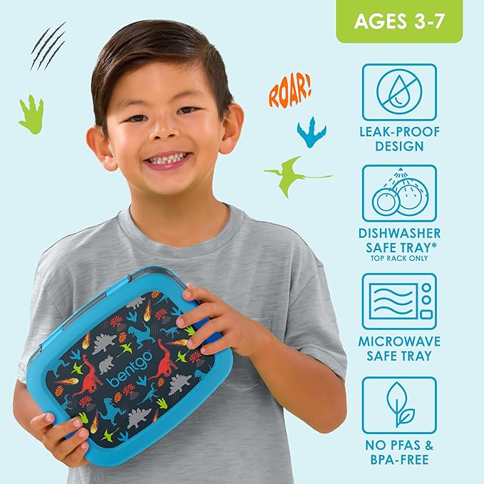 Bentgo Kids Prints Leak-Proof, 5-Compartment Bento-Style Kids Lunch Box - Ideal Portion Sizes for Ages 3-7, Durable, Drop-Proof, Dishwasher Safe, & PFAS & BPA-Free Materials (Dinosaur)