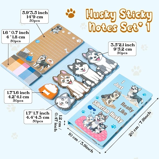 Xqumoi I Just Really Like Siberian Husky Sticky Notes Set, 550 Sheets, Cute Husky Self-Stick Notes Pads Animal Divider Tabs Bundle Writing Memo Pads Page Marker Back to School Office Supplies Gift