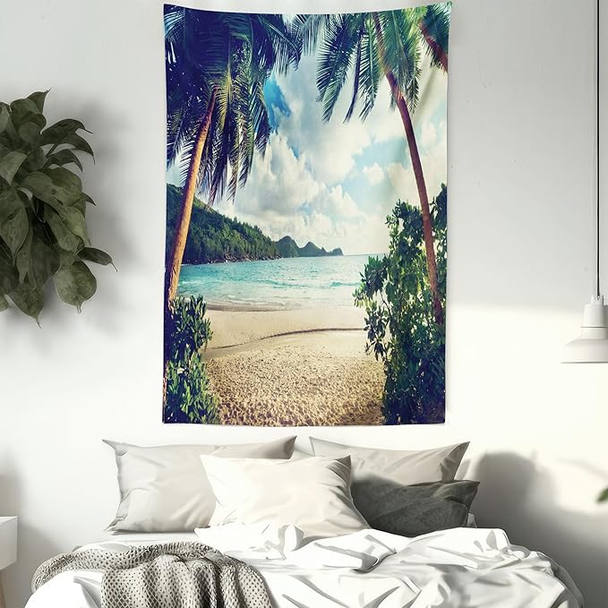 Ambesonne Palm Tree Tapestry, Summer Beach Vintage Style Tropical Sunset Picture Print, Fabric Wall Hanging Decor for Bedroom Living Room Dorm, 30" X 45", Dark Green Sand Brown