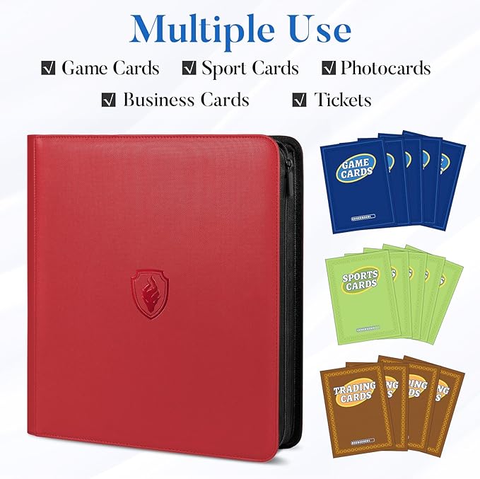 Premium Zip Card Binder 12 Pocket, Fabmaker 912 Pockets Trading Card Binder, PU Zipper Card Collection Album, Sturdy Side-Loading Card Book Holder for Game & Sports Cards, Red