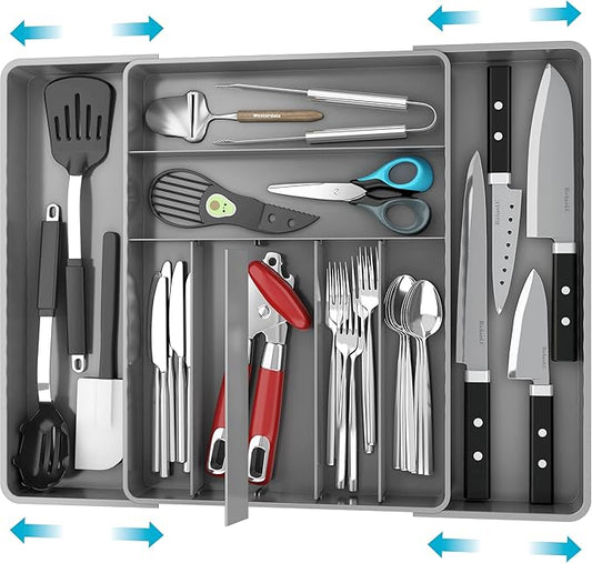 Simple Houseware Expandable Kitchen Drawer Flatware Organizer, Gray – Adjustable Cutlery Tray with 9 Compartments for Utensils and Silverware