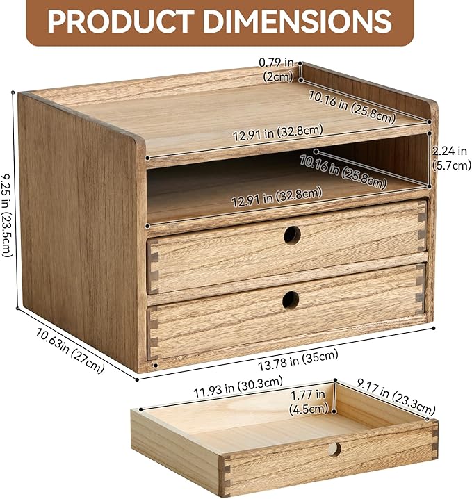 KIRIGEN Desktop Organizer Cabinet With 2 Drawers & Tray - Wood Office Desk Storage Shelf for Office Supplies - Small Cabinet for Countertop Accessories Storage 3 Layer Dark Brown（DT3D2C-DBR）