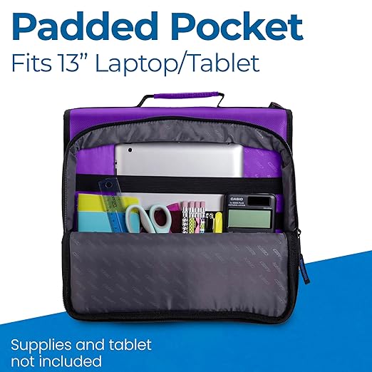Case-it Universal Zipper Binder 2-Inch O-Rings,13In Laptop/Tablet Padded Pocket,400 Sheet Capacity,Multiple Storage Pockets & Shoulder Strap School & Office Organizer LT-007 Deep Purpal (Pack of 6)