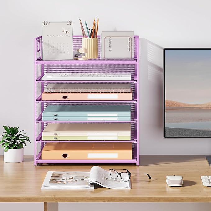 Subekyu 6 Tier Paper File Tray Organizer for Desk, Purple Mesh Desk Letter Paper File Folder Accessories Sorter Organizer with Handle, Stackable Slide Tray for Office, Home or School Supplies Storage