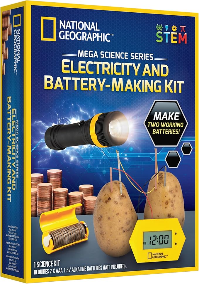 National Geographic Battery Making Kit - Potato Clock and Penny Powered Flashlight Science Kit, 2 Electricity STEM Projects for Kids, Electrical Circuit Toy for Boys and Girls (Amazon Exclusive)