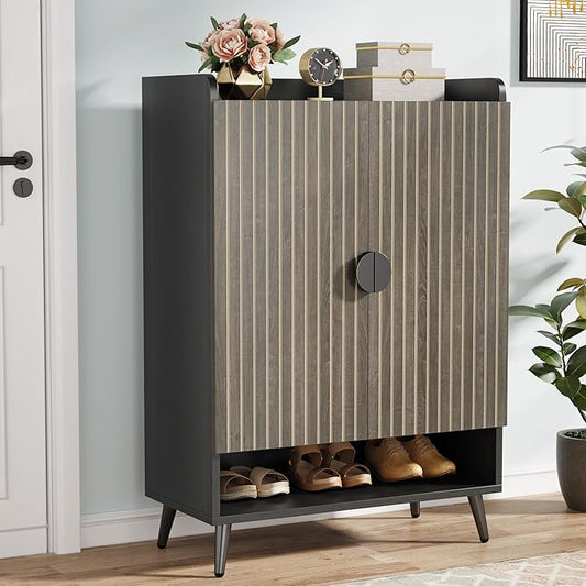 Tribesigns Shoe Cabinet with Doors, 7-Tier Shoe Storage Cabinet with Adjustable Shelves, Wooden Shoes Rack Shoe Storage Organizer for Entryway, Hallway, Closet, Living Room, Gray