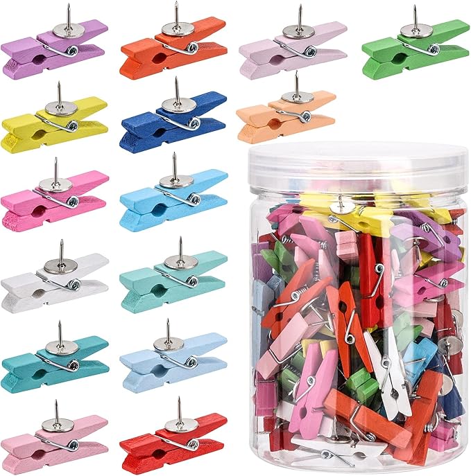 100Pcs Push Pin with Wooden Clips Tacks for Cork Board Artwork for Bulletin Board Crafts Arts Projects Photo Supplies(Colorful)