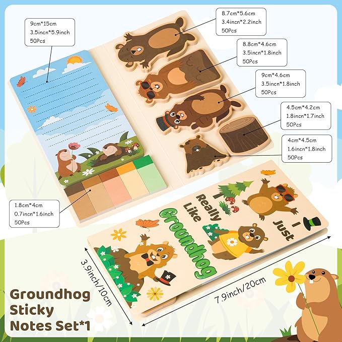 Xqumoi I Just Really Like Groundhog Sticky Notes Set - Cute Animal Self-Stick Note Pads Divider Tabs Bundle Writing Memo Pad Page Marker Back to School Office Supplies Groundhog Day Party Favor Gift