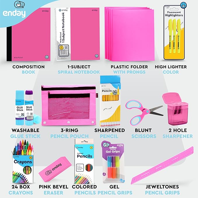 Enday Back to School Supplies for Kids, Pink School Supply Box Grades K-5, Premium Quality Kids School Supplies Kit, Kindergarten School Supplies for Girls and Boys, 71 Piece Set